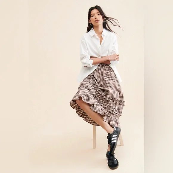 DAMSON MADDER Rina Ruffle Skirt in Chocolate Check UK 12 / US 8 - Picture 5 of 16